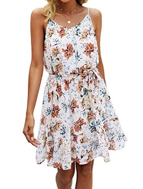 PRETTYGARDEN Women’s Summer Spaghetti Strap Dresses Floral Print Crewneck Sleeveless Ruffle Mini Short Dress with Belt