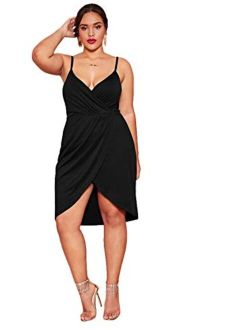 Women's Plus Size Sexy Wrap Deep V-Neck Split Summer Spaghetti Strap Sleeveless Party Mini Cami Dress