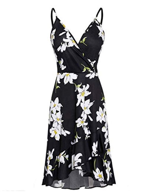 STYLEWORD Women's Casual Summer V Neck Floral Spaghetti Strap Ruffle Dress