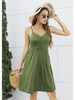 Hount Womens Casual Beach Summer Dresses A Line Spaghett Strap Sundresses Sleeveless Swing Dress with Pockets
