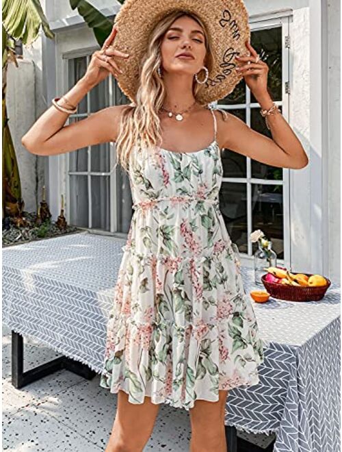 Glamaker Women’s Summer Lace V Neck Short Dress Spaghetti Strap Backless Mini Skater Dress