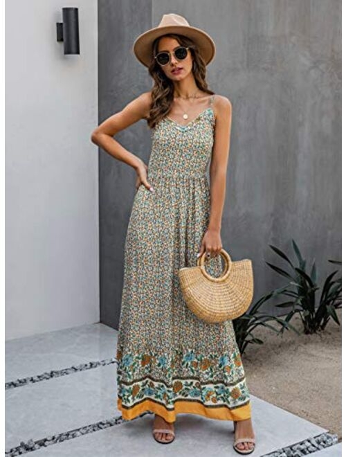 KIRUNDO Summer Women’s Spaghetti Maxi Dress V Neck High Waist Backless Adjustable Straps Floral Boho Dress Party Beach Dress