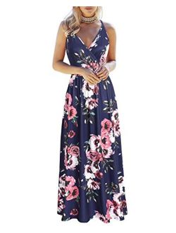 VOTEPRETTY Womens V Neck Wrap Spaghetti Strap Summer Casual Beach Floral Pockets Maxi Dress