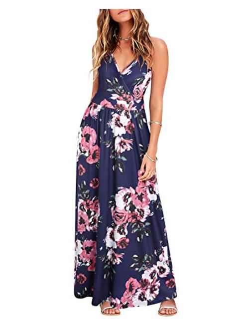 VOTEPRETTY Womens V Neck Wrap Spaghetti Strap Summer Casual Beach Floral Pockets Maxi Dress