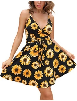 Aphratti Womens Casual Spaghetti Strap Floral Fit and Flare Mini Summer Dress