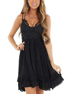 Feager Womens Summer V Neck Adjustable Spaghetti Strap Lace Dresses Sleeveless Flowy Short Dresses with Pockets …