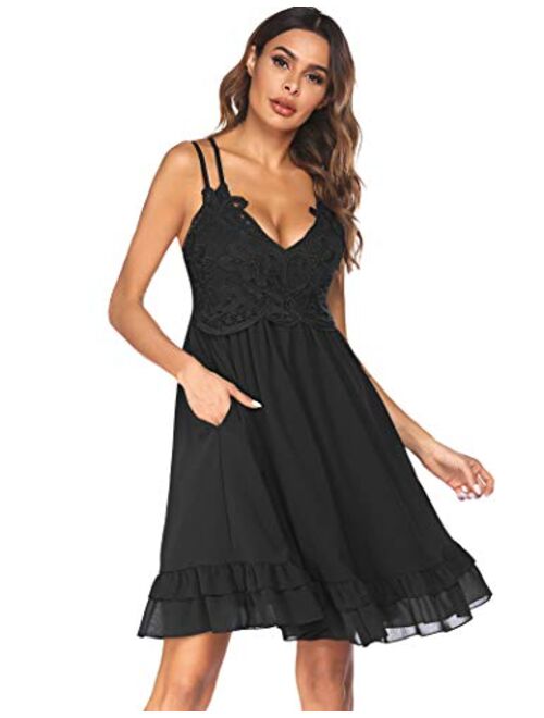 Feager Womens Summer V Neck Adjustable Spaghetti Strap Lace Dresses Sleeveless Flowy Short Dresses with Pockets …