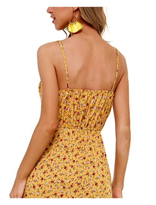 QUALFORT Women's V Neck Floral Spaghetti Strap Summer Casual Dresses