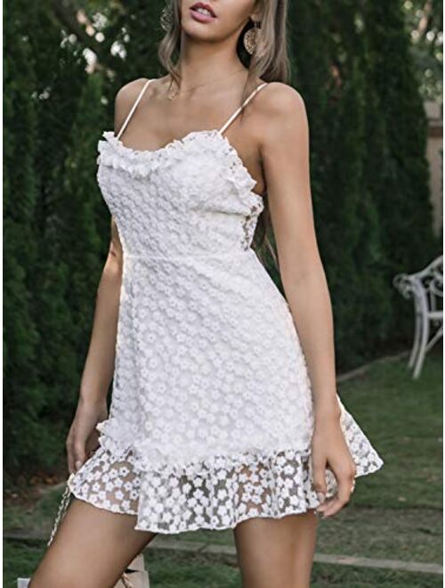 MulEtour Womens Sexy Spaghetti Strap Floral Lace White A Line Summer Mini Party Dress