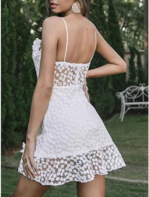 MulEtour Womens Sexy Spaghetti Strap Floral Lace White A Line Summer Mini Party Dress