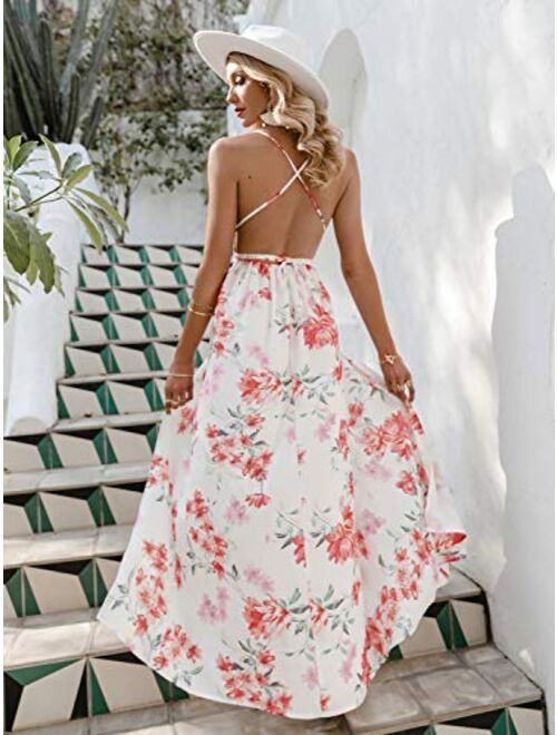 Narspeer Women's Summer White Boho Maxi Dress Beach Spaghetti Straps Floral Midi Long Dress Sleeveless Dress