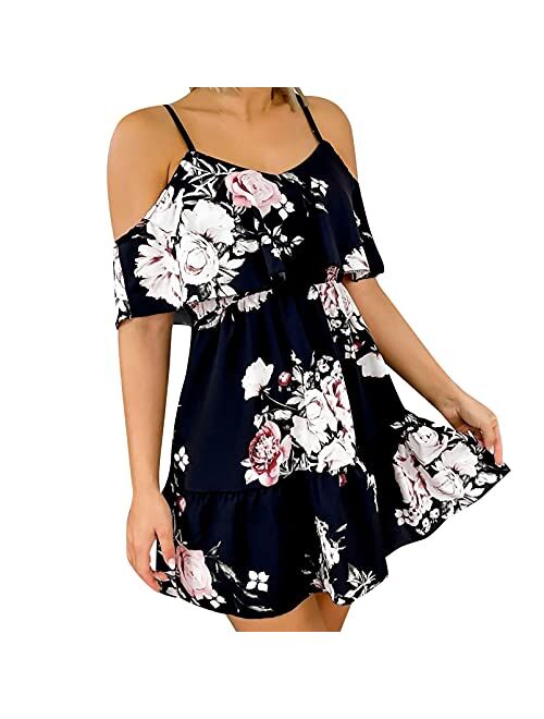 Cold Shoulder Spaghetti Strap Dress Floral Ruffle Sleeve Sundress Flowy Pleated Summer Dress for Women Casual Summer