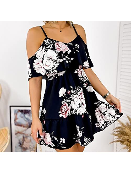 Cold Shoulder Spaghetti Strap Dress Floral Ruffle Sleeve Sundress Flowy Pleated Summer Dress for Women Casual Summer