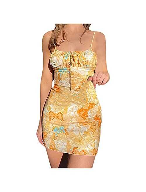 Floral Spaghetti Strap Dress Sleeveless Sling Chiffon Midi Dress Sexy Slim Bodycon Dress Built in Bra for Women Casual Summer