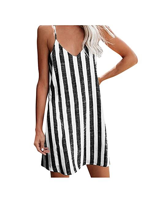 XINYIYI Women Casual Tunic Dress Summer Beach Striped Print Loose Sling Mini Dress Evening Party Swing Tshirt Dress