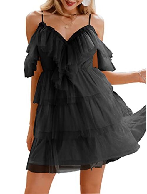 Miessial Women's Summer Ruffle Spaghetti Strap Mini Dress Off The Shoulder Tulle A Line Short Dress