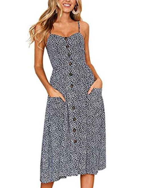 OLUOLIN Women's Summer Floral Print Strap Casual Button Midi Dress with Pockets