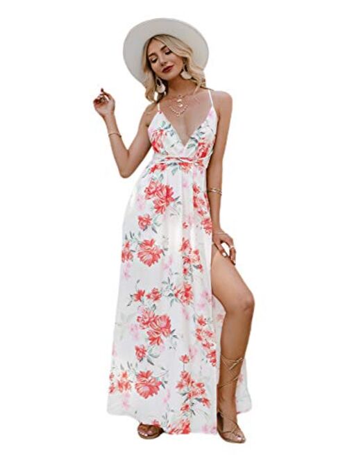 BerryGo Women's Summer Sexy Deep V Neck Backless Spaghetti Strap FloralMaxi Dress