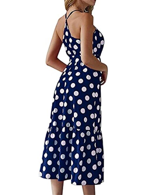 RAINFLTOU Casual Dress Women's Summer Wrap V-Neck Polka Dot Print Spaghetti Strap Long Dress