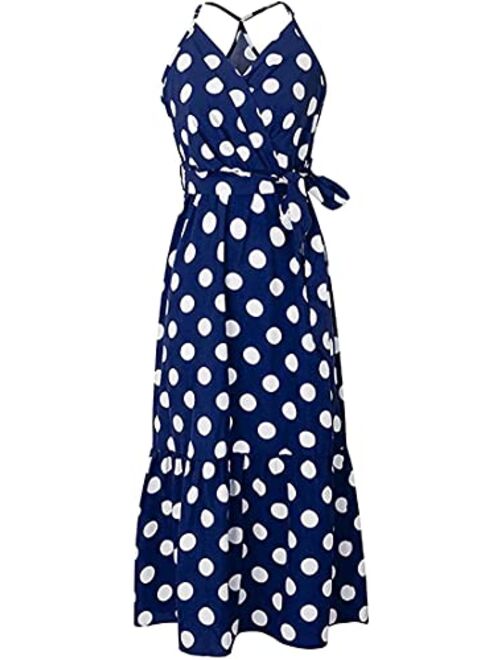 RAINFLTOU Casual Dress Women's Summer Wrap V-Neck Polka Dot Print Spaghetti Strap Long Dress
