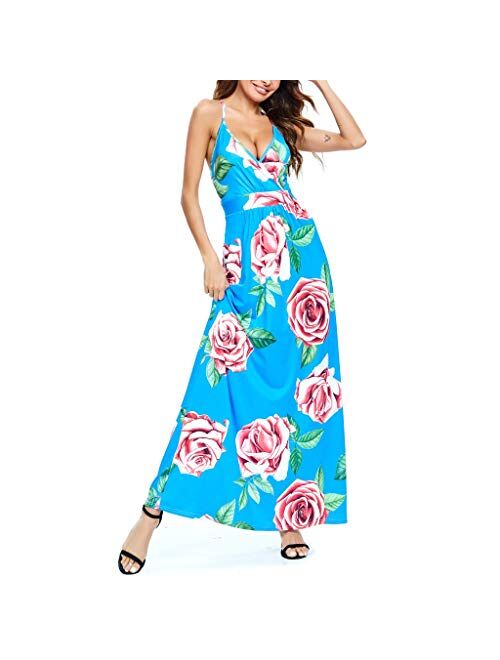 HSMQ Womens Dresses Summer V-Neck Sleeveless Casual Long Dress Tie-dye Printed Party Beach Dress