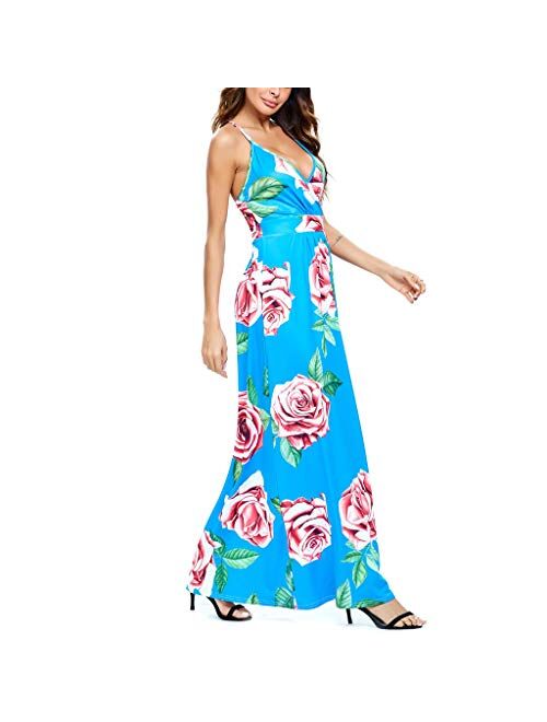 HSMQ Womens Dresses Summer V-Neck Sleeveless Casual Long Dress Tie-dye Printed Party Beach Dress