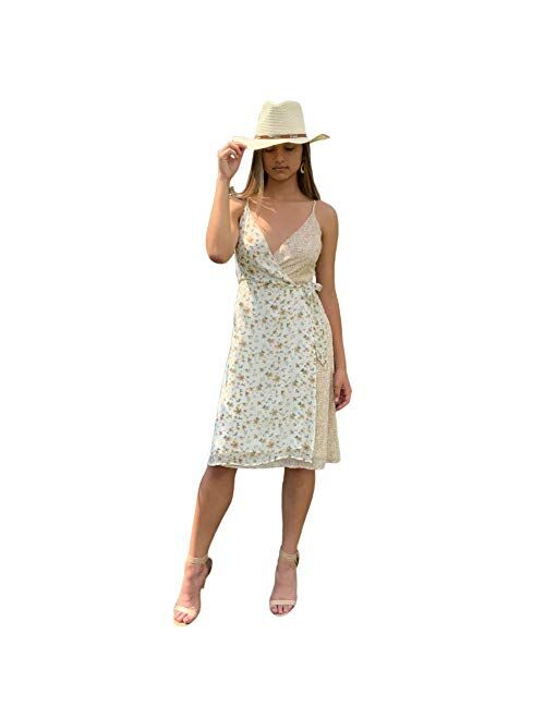 CASA DE FASHION Women’s Summer Sleeveless Spaghetti Strap Floral Wrap Dress