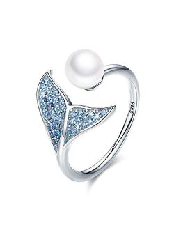 Mermaid Tail Ring, S925 Sterling Silver Dolphin Tail Adjustable Finger Ring for Women Girls Open Ring with Blue Cubic Zirconia& Shell Pearl Valentine's Day Mother's Day G