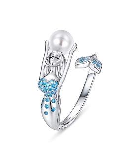 FOREVER QUEEN Mermaid Tail Ring S925 Sterling Silver Dolphin Tail Adjustable Finger Ring for Women Girls Open Ring with Blue Cubic Zirconia& Shell Pearl BJ09067 