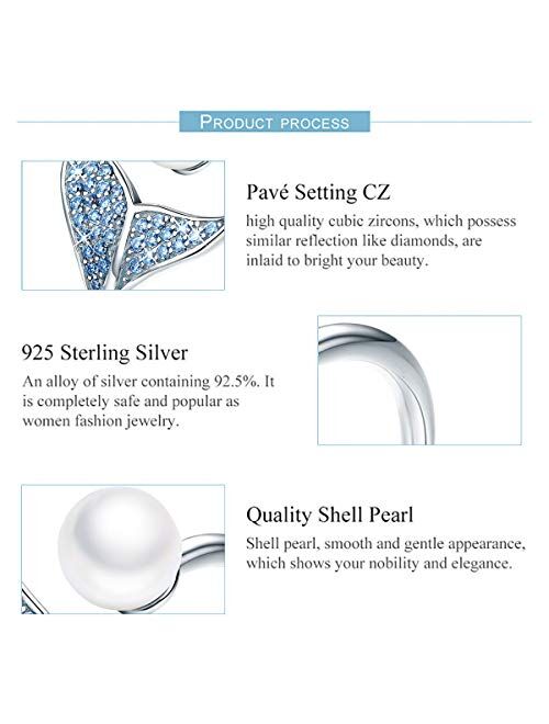 Mermaid Tail Ring, S925 Sterling Silver Dolphin Tail Adjustable Finger Ring for Women Girls Open Ring with Blue Cubic Zirconia& Shell Pearl Valentine's Day Mother's Day G