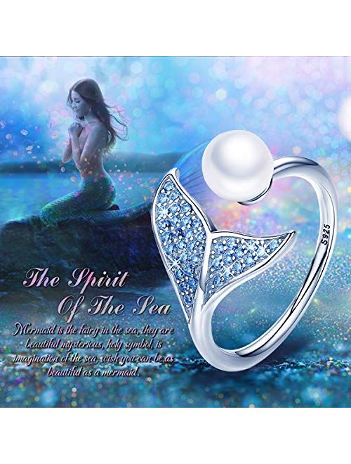 S925 Sterling Silver Mermaid Tail Ring Blue Cubic Zirconia & Shell Pearl Adjustable Open Finger Rings for Women Girls Kokoma 