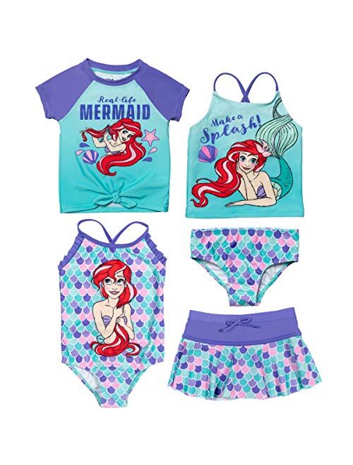 Disney Little Mermaid 5 Piece Swim Set: Rash Guard One-Piece Tankini Bottom Skirt