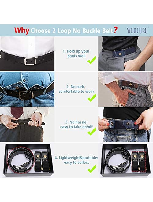 WERFORU 2 Pack No Buckle Free Elastic Belt for Women Men 2 Loop Stretch Buckle-Free Belt for Jeans Pants