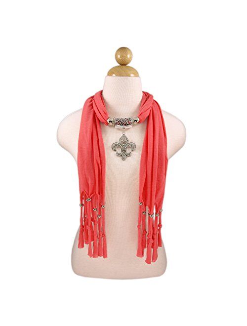 Elegant Charm Pendant Jewelry Necklace Scarf w/Fleur de lis Medallion-11 Colors