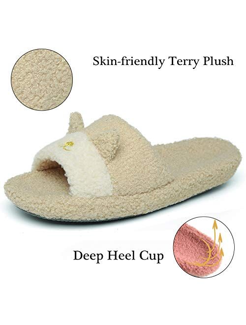 ChayChax Womens Fuzzy Open Toe House Slippers Memory Foam Slip On Soft Plush Slides Cute Indoor/Outdoor Slipper with Comfort Heel Cup