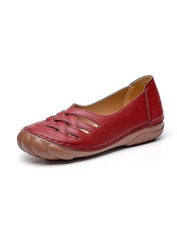 Womens Leather Loafers Slip On Flats Shoes Breathable Comfort Walking Shoes Soft Moccasin Non-Slip