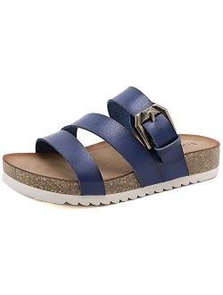Womens Slide Sandals with Cork Footbed Open Toe Flat Sandals with Adjustable Buckle