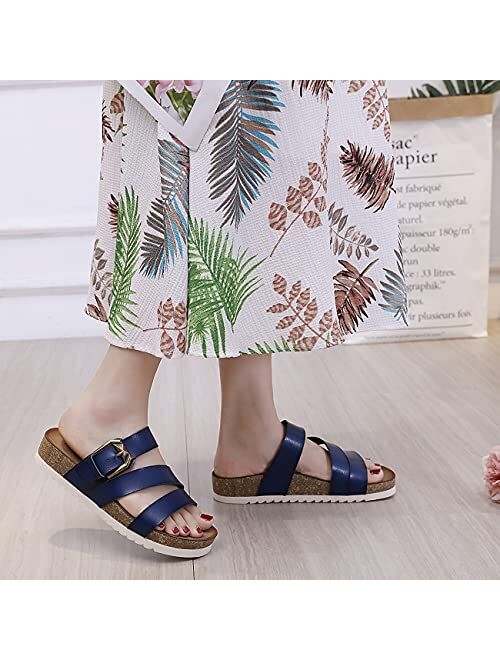 ChayChax Womens Slide Sandals with Cork Footbed Open Toe Flat Sandals with Adjustable Buckle