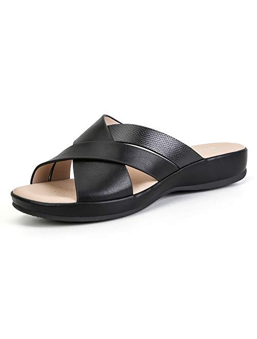 ChayChax Women's Leather Sandals Cross-Strap Wedge Sandal Open Toe Summer Slippers Non Slip