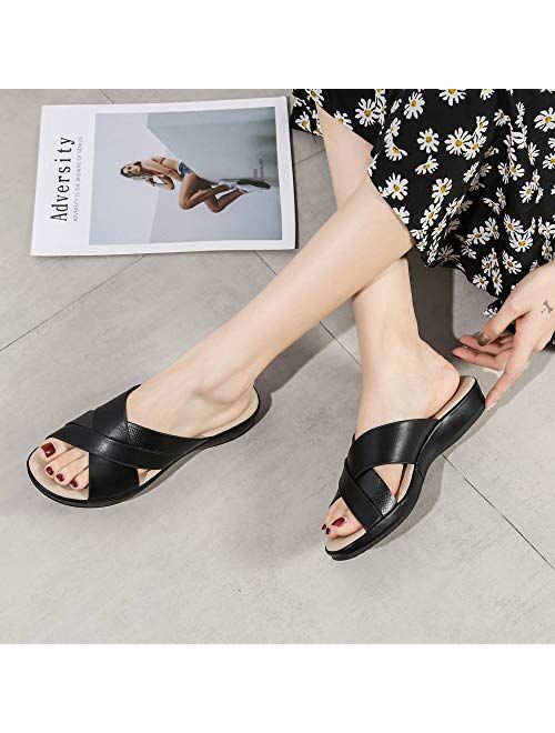 ChayChax Women's Leather Sandals Cross-Strap Wedge Sandal Open Toe Summer Slippers Non Slip
