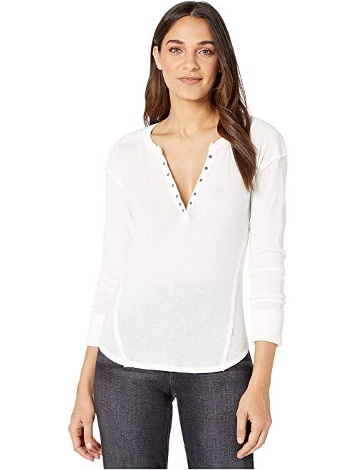 Free People Women's Solid Long Sleeve V Neck Military Mix Henley Top