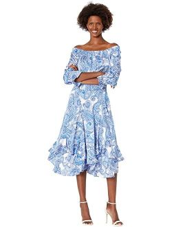 Hammered Satin Off-the-Shoulder Paisley Print Dress with Smocked Waist