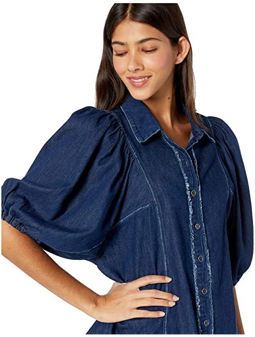 Free People Women's Solid Suhrie Denim Puff Sleeve Casual Shirt