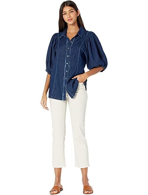 Free People Women's Solid Suhrie Denim Puff Sleeve Casual Shirt