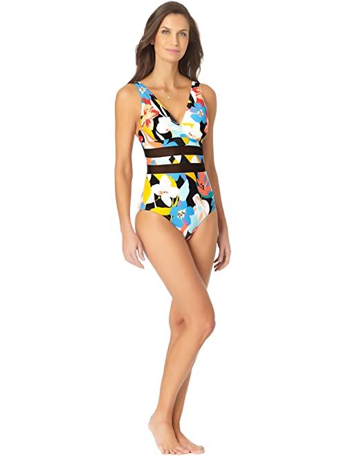 Anne Cole Modern Blooms Mesh Insert Over the Shoulder Triangle One-Piece