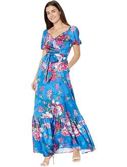 Tahari by ASL Printed Hammered Satin Floral Puff Sleeve Gown
