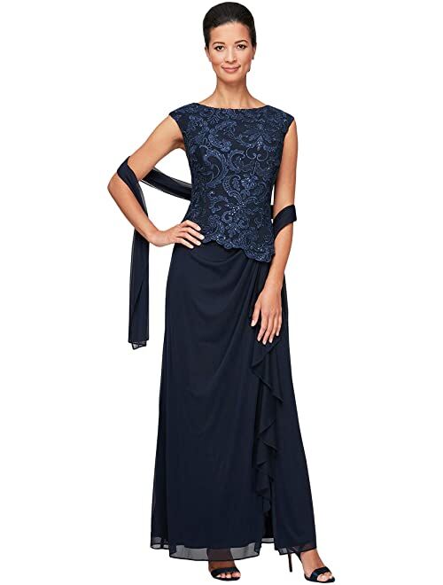 Alex Evenings Long Sleeveless Embroidered Mock Dress with Ruched Skirt Detail and Lace Bodice
