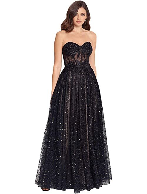 Betsy & Adam Long Strapless Embroidered Lace Gown