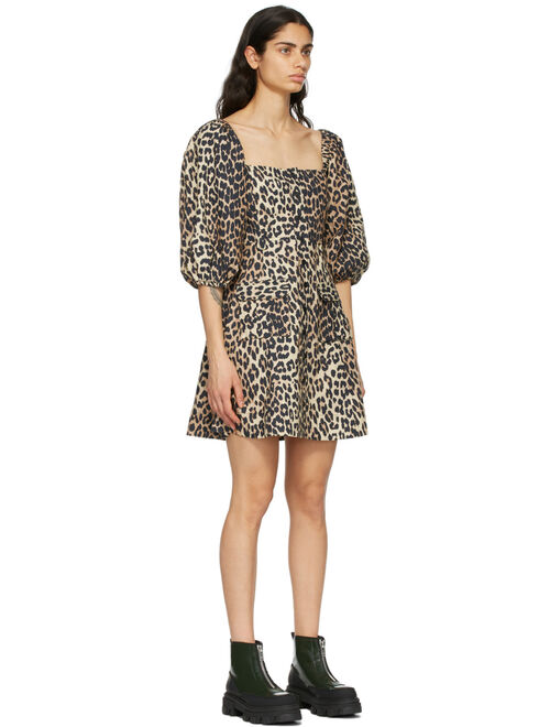 Brown Poplin Leopard Mini Dress