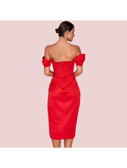 Ocstrade Red Off Shoulder Short Sleeve Over Knee Wrinkled Slit Bodycon Dress HI1116-Red